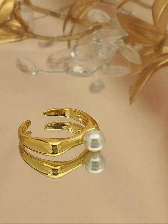The Unbranded Brand Jewelry - 18K Gold Plated Adjustable Pearl Ring | S925 Sterling Silver | Minimalist Statem
